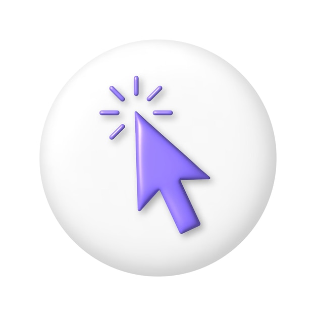 Purple computer cursor icon on white round button 3d cartoon design element Vector illustration