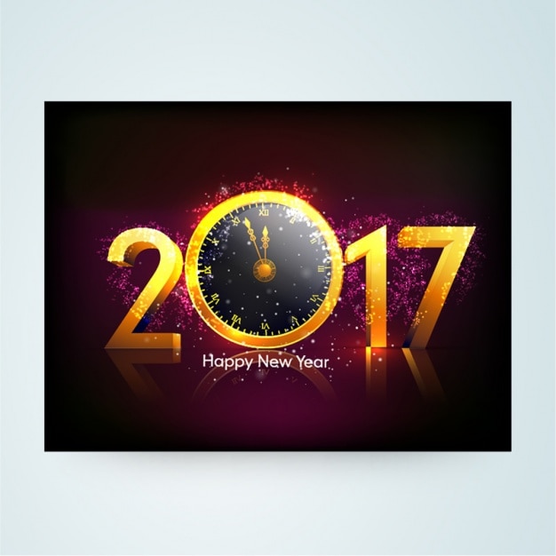 purple new year card with clock and bright shapes