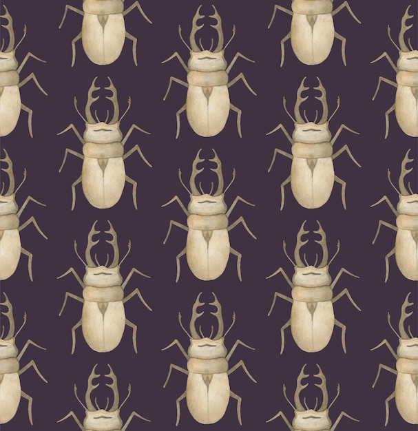purple vector seamless pattern with watercolor rhinoceros beetles