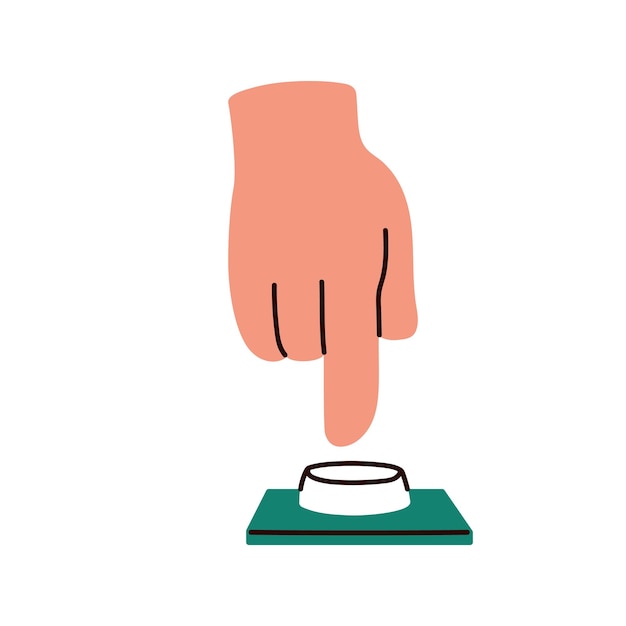Pushing pressing down control button with index finger Hand calling turning on and off starting and stopping with desk switch Flat graphic vector illustration isolated on white background