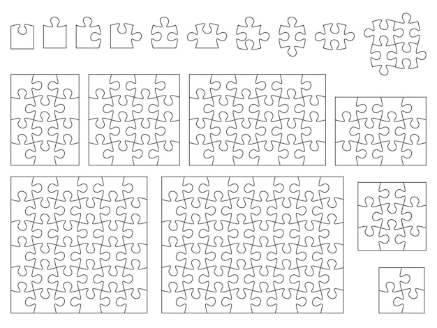 puzzle pieces square shape blank table game assemble picture isolated or connected mosaic fragments constituent elements different number outline simple style vector jigsaw parts set