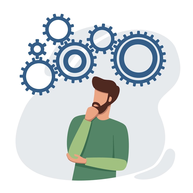 Vektor puzzled man looking for problem solution brainstorming and situation analysis concept