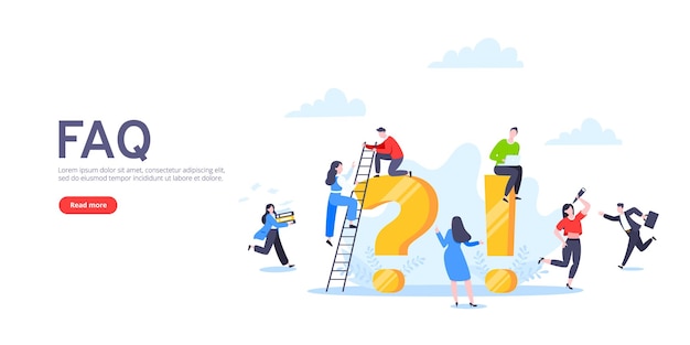 Q and A or FAQ concept with tiny people characters big question and exclamation mark