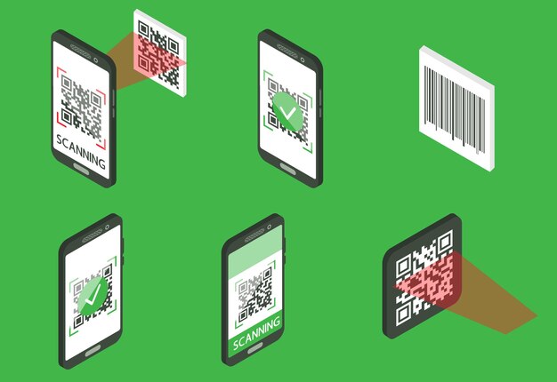 qr code verification concept. machine-readable barcode on smartphone screen. the process of scanning qr and bar code. set of isometric objects. vector illustration isolated on green background