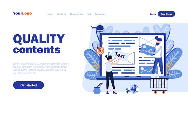 Quality contents vector landing page template with header