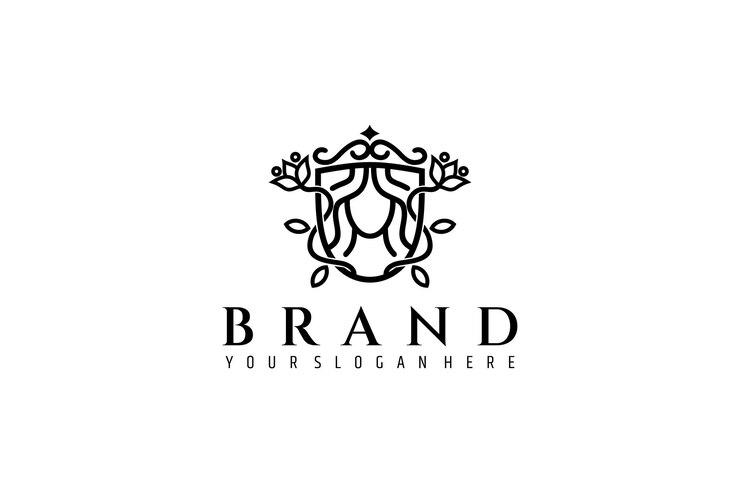 queen inside shield badge emblem with crown and flower decoration line art logo design