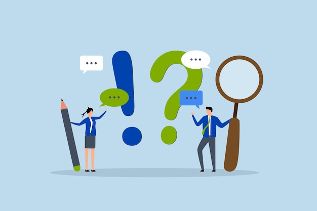 Question and answer Businessman and woman with exclamation point question mark in speech bubble di