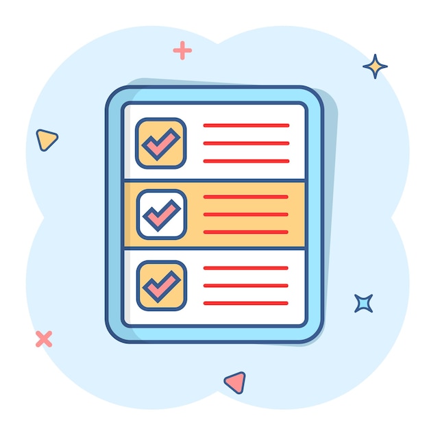 Questionnaire icon in comic style Online survey vector cartoon illustration on white isolated background Checklist report splash effect business concept