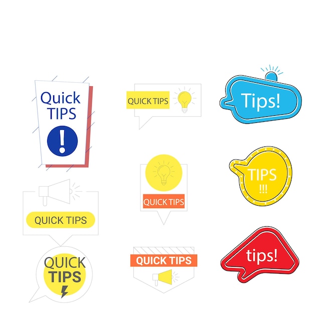 Quick tips badges Graphic stickers ideas reminders quickly thinks solutions learning logos vector c