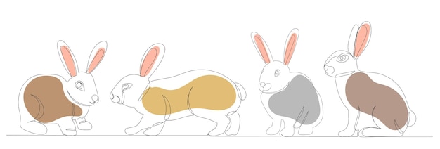 Rabbits continuous line drawing vector sketch