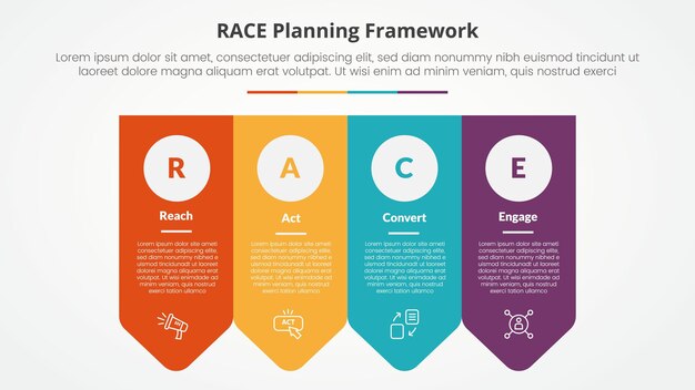 RACE framework infographic concept for slide presentation with arrow badge shape bottom direction with 4 point list with flat style