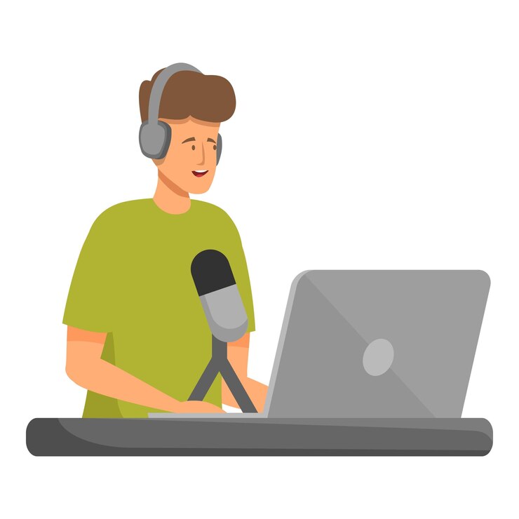 Vektör radio host speaking into microphone recording podcast