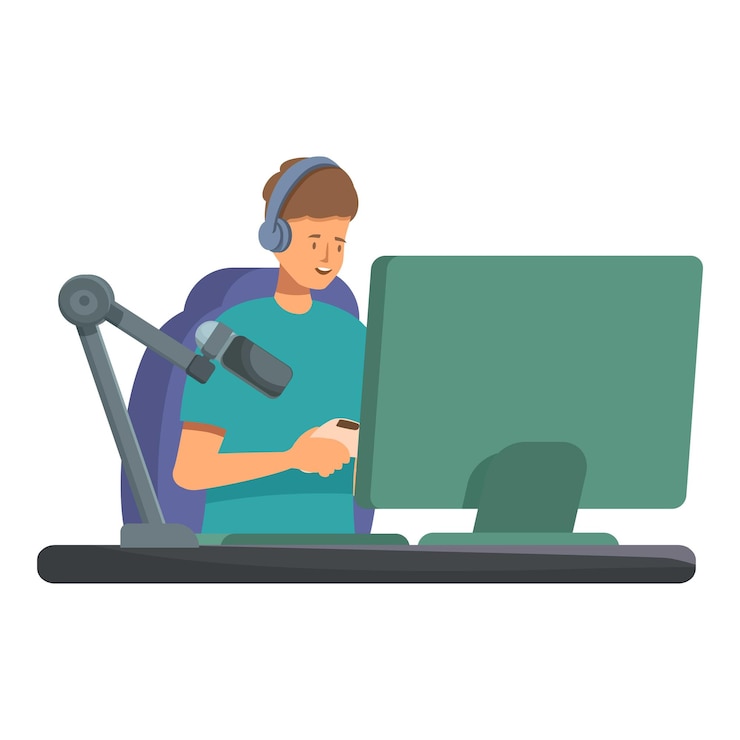 Vektör radio host using smartphone during live podcast recording