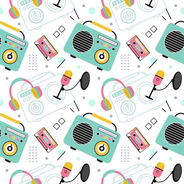 Radio Seamless Pattern Illustration Design with Player for Record and Listening to Music