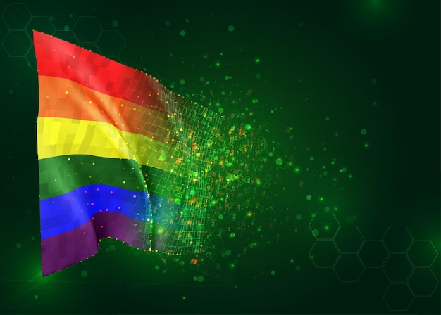 Rainbow 3d flag on green background with polygons