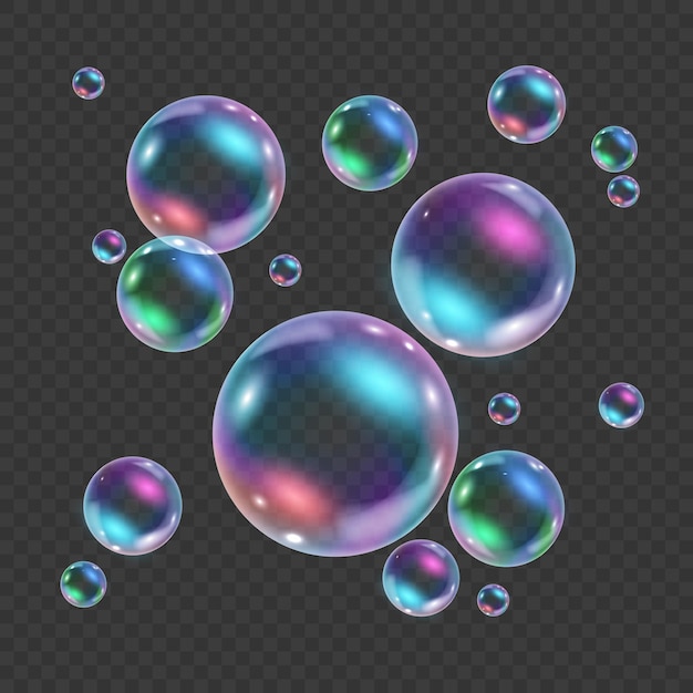 Rainbow colorful underwater bubble isolated on transparent background. Realistic  illustration of air or soap water bubbles with reflections. Floating iridescent shiny shampoo foam balls.
