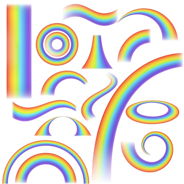 rainbow realistic arch joyful summer spring rainbow lights rain and sun effect curved and straight multicolor stripes decor elements collection natural weather effect vector isolated on white set