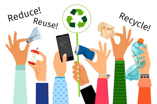 Raised hands with trash and recycle sign