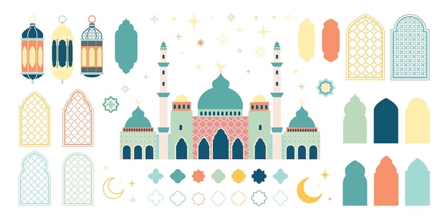 Ramadan Kareem and Eid Mubarak holiday elements set Islamic Mosque lanterns windows arches moon