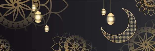 Ramadan Kareem banner background. Lantern, moon and abstract luxury islamic pattern elements background. Vector abstract graphic design banner pattern background template.