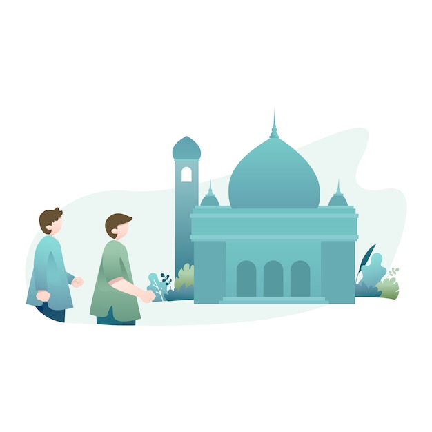 Ramadan Kareem-illustration med två muslimer på väg till moskén