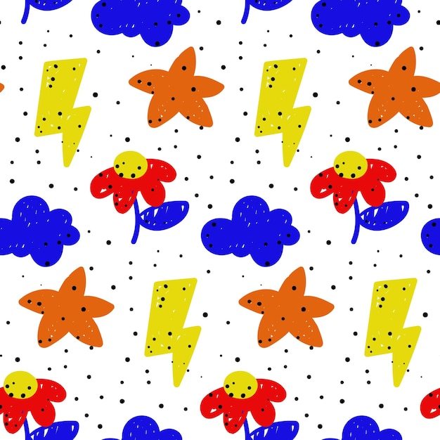 Random abstract icons with seamless pattern Flower lightning star cloud with noise on white Vector