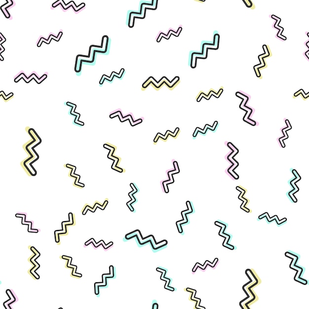 Random zigzag pattern, abstract geometric background in 80s, 90s retro style. Colorful geometrical illustration
