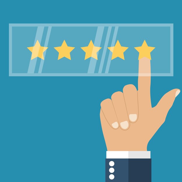 Rating vector flat design Feedback concept Evaluation Rating system Vector illustration Rating web icon Businessman hand making a positive review on the virtual monitor