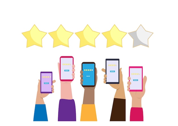 Ratings reviews of customers or business ideas and investment ratings Businessmen have added a golden yellow star for their rating Flat style cartoon illustration vector