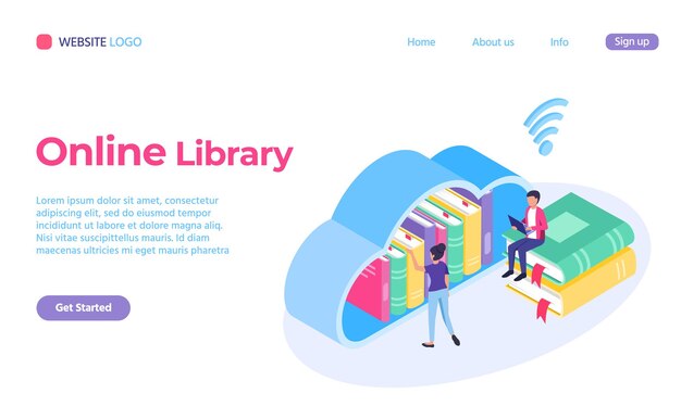 reading online service isometric, library landing page. illustration of online library and internet template content vector
