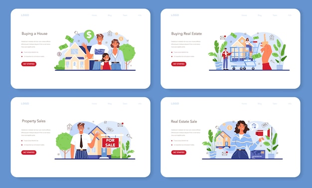 Real estate industry web banner or landing page set. Property buying and selling. Realtor assistance and help in house selection and mortgage contract development. Flat vector illustration