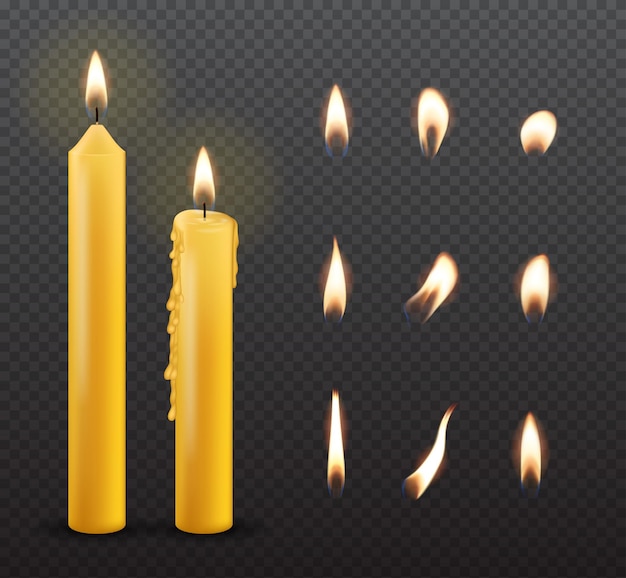 Realistic 3d Detailed Burning Candle and Flame Set Vector