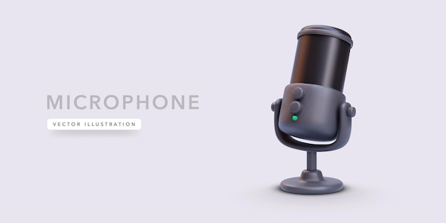 Realistic black microphone isolated on light background Vector illustration