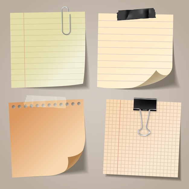 realistic blank sticky notes with clip binder and adhesive tape colored sheets of note papers paper