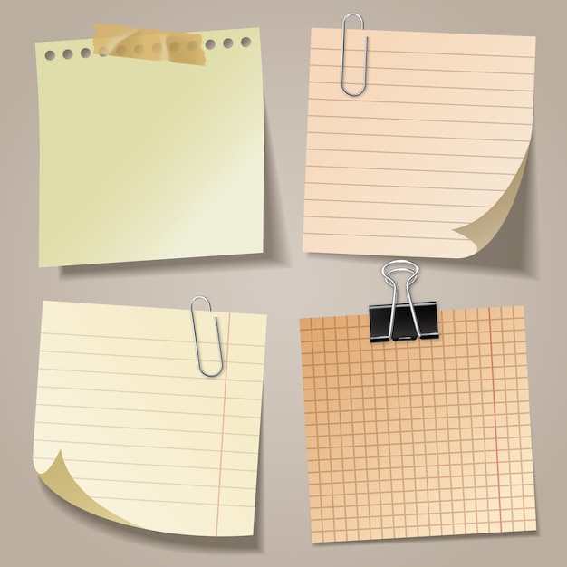 realistic blank sticky notes with clip binder and adhesive tape colored sheets of note papers paper