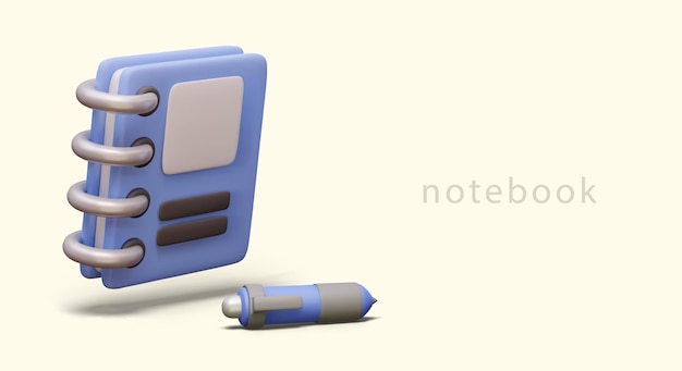 Realistic blue notebook with metal spiral binder and blue cover and pen