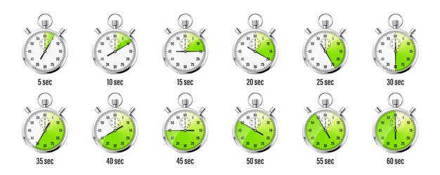 Realistic classic stopwatch icons shiny metal chronometer time counter with dial green countdown