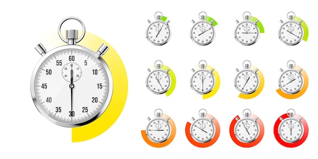 Realistic classic stopwatch shiny metal chronometer time counter with dial colorful countdown timer