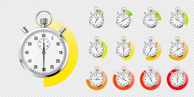 Realistic classic stopwatch shiny metal chronometer time counter with dial colorful countdown timer
