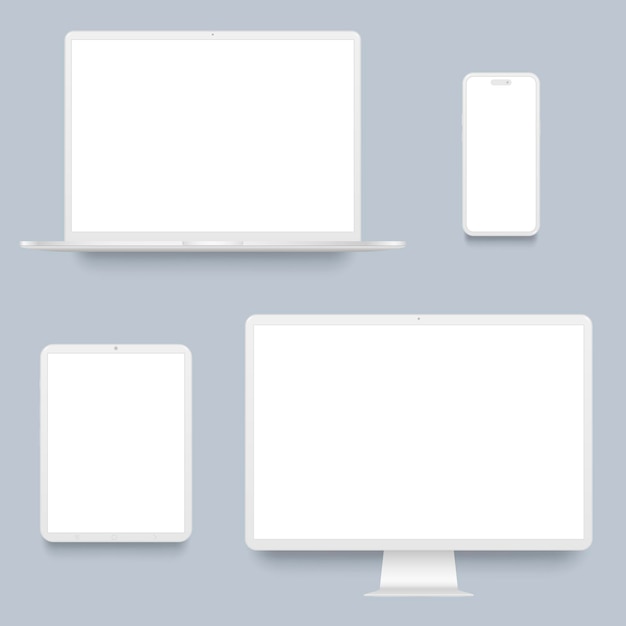 Realistic clean white devices mockup set with blank screen
