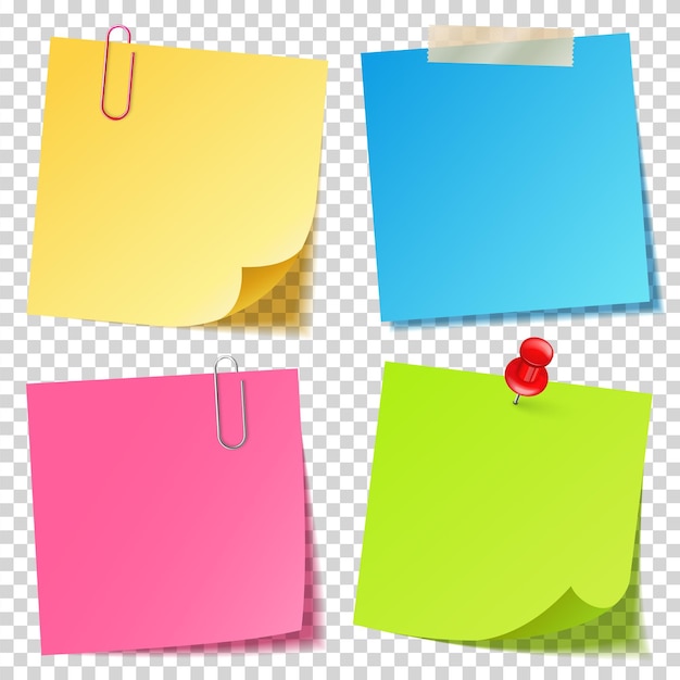 Realistic colorful blank sticky notes with clip binder colored sheets of note papers paper reminder