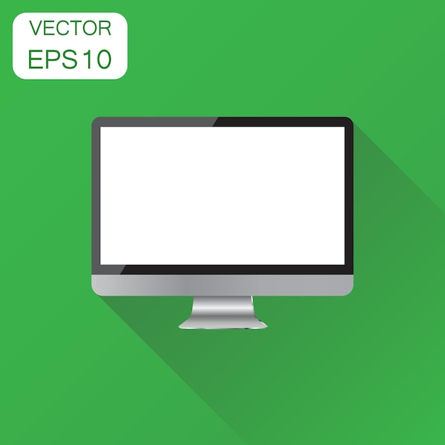 realistic desktop computer monitor icon business concept monitor pictogram vector illustration on green background with long shadow