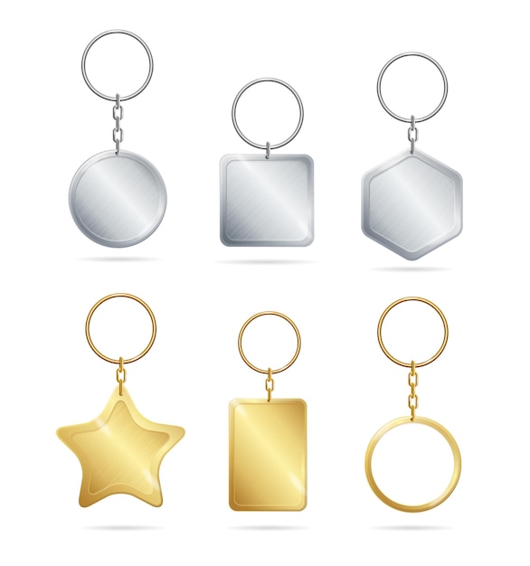 Realistic Detailed 3d Empty Template Shiny Golden and Silver Metal Keychains Set for House and Car Vector illustration of Keyring