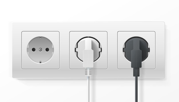 Realistic Detailed 3d Plugs inserted in Electrical Outlet Set Isolated on a White Background Vector illustration of Socket
