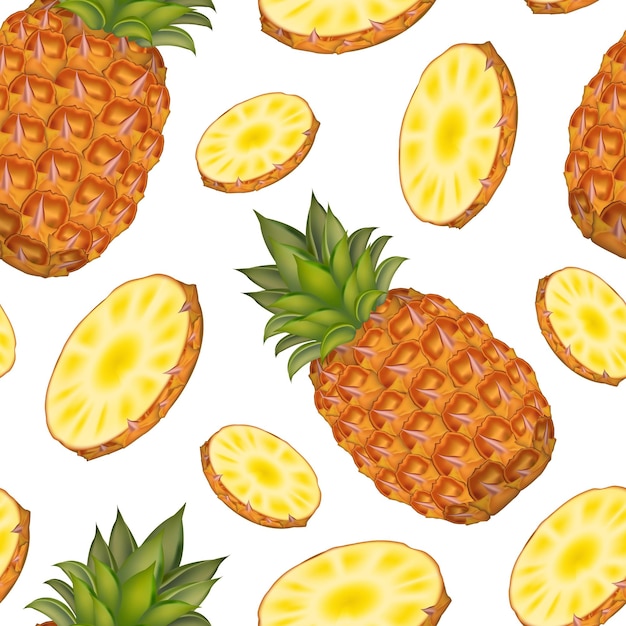 Realistic Detailed 3d Whole Pineapple with Round Slices Seamless Pattern Background on a White Raw Tasty Tropical Fruit Vector illustration