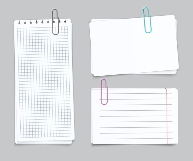 realistic different sheets. blank gridded torn notebook paper color paper clips