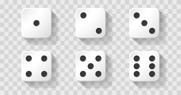 Realistic game dice cubes from one to six dots Gambling objects to play in casino poker Six faces of cube with rounded edges Traditional die with faces marked with numbers of dots from 1 to 6