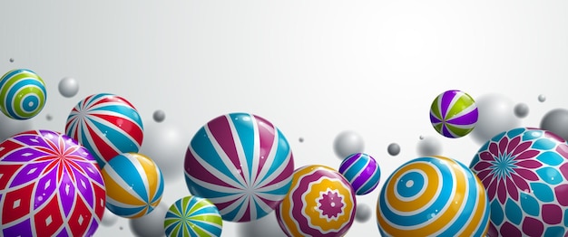 Realistic glossy spheres vector illustration with blank copy space, abstract background with beautiful balls with patterns and depth of field effect, 3D globes design concept art.
