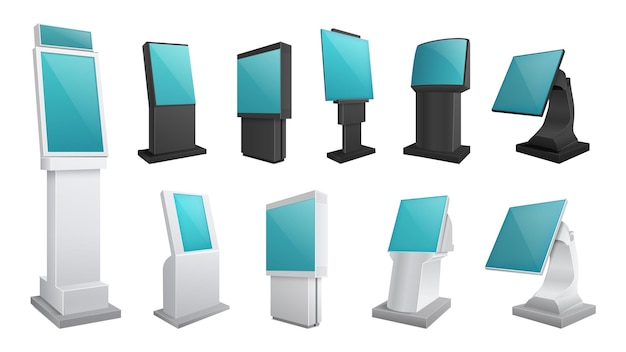 realistic kiosk screen display mockup touch digital stands payments or electronic ad boards isolated interactive touchscreen monitor vector set