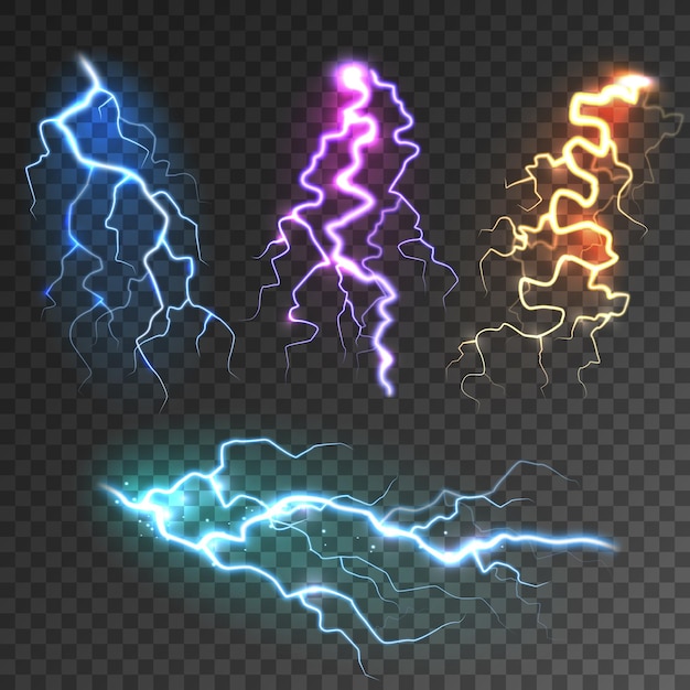 Realistic lightning collection on transparent background thunderstorm and lightning bolt sparks of